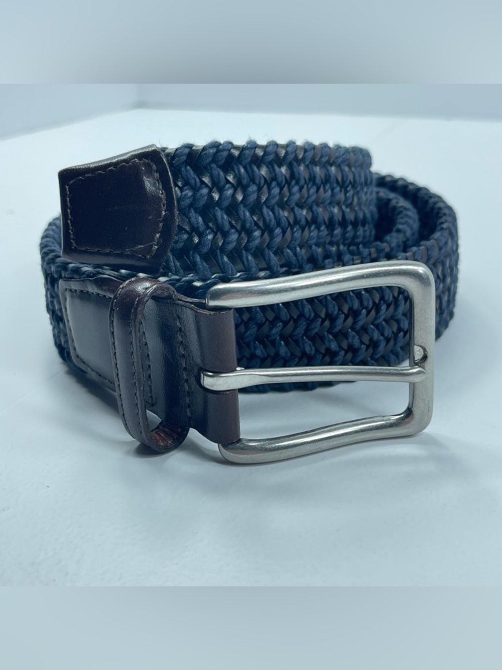 TORINO Italian Braided Stretch Leather Cording Belt Navy/Black Size 40